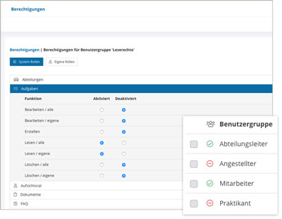 Workflow Software Module Benutzergruppen und Rechte