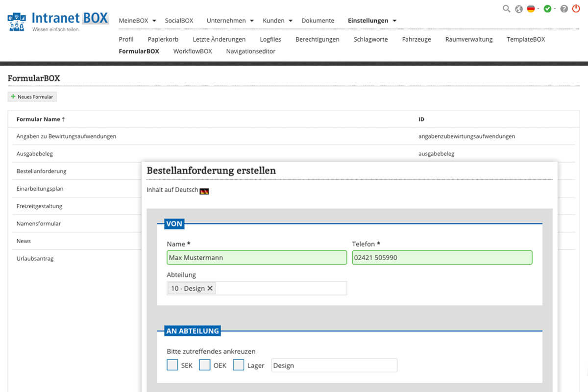 Intranet Workflow Erweiterungen FormularBOX